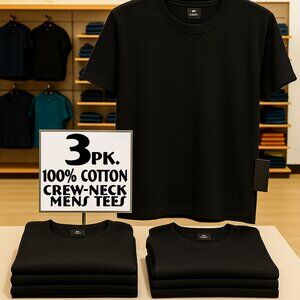 3-Pack BLACK Men's Short Sleeve Crew Neck Cotton T-Shirt size Med, XL & XXL